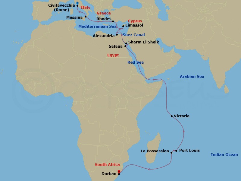 25 Night - Msc Grand Voyages - MSC Sinfonia - Starting in Civitavecchia (Rome), Italy, Messina (Taormina), Italy, Rhodes (Lindos), Greece, Limassol, Cyprus, Alexandria EG, Egypt, Suez Canal (Transit), Egypt, Sharm El-Sheikh, Egypt, Safaga, Egypt, Port Victoria, Seychelles, Port Louis, Mauritius, La Possession, Reunion, Durban, South Africa itinerary map
