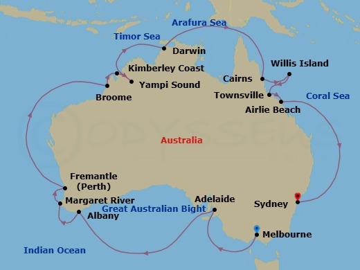25 Night - Round Australia - Grand Princess - Starting in Melbourne, Australia, Adelaide, Australia, Albany AU, Margaret River (Busselton), Australia, Perth (Fremantle), Australia, Broome, Australia, Yampi Sound (Scenic Cruising), Kimberley Coast (Scenic Cruising), Australia, Darwin, Australia, Cairns, Australia, Willis Island, Australia, Townsville, Australia, Airlie Beach, Australia, Sydney AU itinerary map