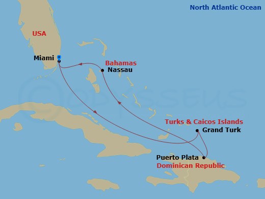 6 Night - Grand Turk, Puerto Plata & Bahamas - Celebrity Beyond - Starting in Miami, Florida, Grand Turk, Turks and Caicos, Puerto Plata, Dominican Republic, Nassau, Bahamas, Miami, Florida itinerary map