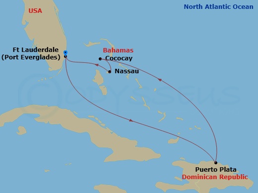 6 Night - Perfect Day Cococay & Caribbean - Celebrity Beyond - Starting in Fort Lauderdale, Florida, Puerto Plata, Dominican Republic, Perfect Day Cococay, Bahamas, Nassau, Bahamas, Fort Lauderdale, Florida itinerary map