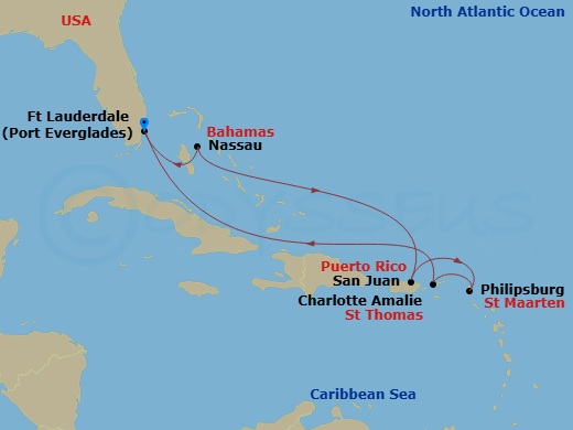 8 Night - St. Maarten, San Juan & St. Thomas - Celebrity Beyond - Starting in Fort Lauderdale, Florida, Charlotte Amalie, St Thomas, Philipsburg, St Maarten, San Juan, Puerto Rico, Nassau, Bahamas, Fort Lauderdale, Florida itinerary map