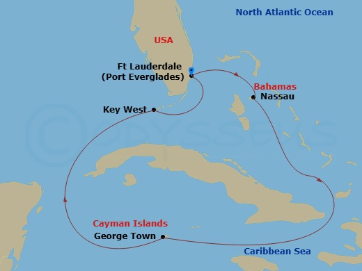 6 Night - Key West, Cayman & Bahamas - Celebrity Silhouette - Starting in Fort Lauderdale, Florida, Key West, Florida, George Town, Grand Cayman, Nassau, Bahamas, Fort Lauderdale, Florida itinerary map
