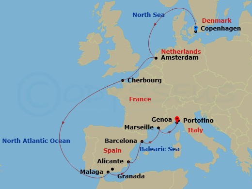11 Night - Northern Europe - MSC Euribia - Starting in Copenhagen, Denmark, Amsterdam, Netherlands, Cherbourg (Mont Saint-Michel), France, Malaga (Granada), Spain, Alicante, Spain, Barcelona, Spain, Marseille (Provence), France, Genoa (Portofino), Italy itinerary map