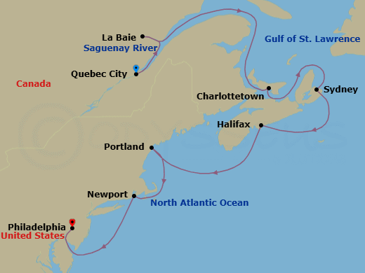 10 Night - Canada & New England - Norwegian Pearl - Starting in Quebec City, Canada, La Baie Saguenay River, Canada, Charlottetown, Prince Edward Island, Canada, Sydney NS, Cape Breton Island, Canada, Halifax, Canada, Portland ME, Newport, Ri, Philadelphia, Pa itinerary map