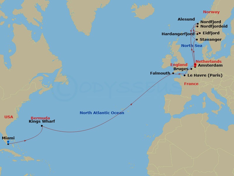 21 Night - Norwegian Fjords Crossing - Zuiderdam - Starting in Miami, Florida, Kings Wharf, Bermuda, Falmouth, England, United Kingdom, Le Havre (Paris), France, Zeebrugge (Brussels), Belgium, Amsterdam, the Netherlands, Eidfjord, Norway, Scenic cruising Hardangerfjord, Alesund, Norway, Nordfjordeid, Norway, Scenic Cruising Nordfjord, Sandnes (Stavanger), Norway, Amsterdam, the Netherlands itinerary map