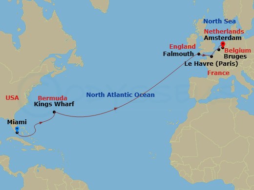 14 Night - Cultural Crossing with Bermuda, Paris & Brugge - Zuiderdam - Starting in Miami, Florida, Kings Wharf, Bermuda, Falmouth, England, United Kingdom, Le Havre (Paris), France, Zeebrugge (Brussels), Belgium, Amsterdam, the Netherlands itinerary map
