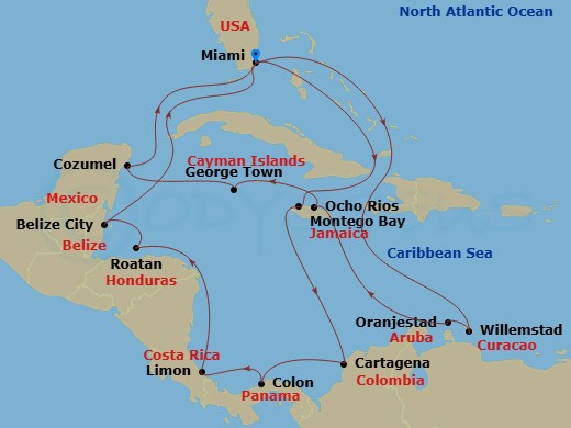 21 Night - Caribbean and Antilles - MSC Poesia - Starting in Miami, Florida, Willemstad AN, Oranjestad, Aruba, Ocho Rios, Jamaica, George Town, Cayman Islands, Cozumel, Mexico, Miami, Florida, Montego Bay, Jamaica, Cartagena CO, Colon, Panama, Puerto Limon, Costa Rica, Roatan Island, Honduras, Belize City, Belize, Miami, Florida itinerary map