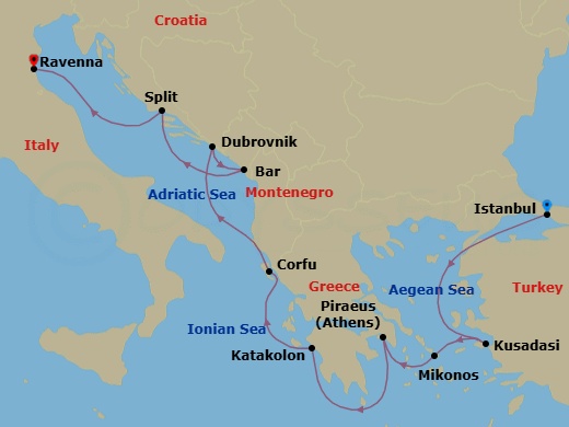9 Night - Europe - Greek Isles & Eastern Med - Norwegian Viva - Starting in Istanbul, Turkey, Kusadasi, Turkey, Mykonos, Greece, Piraeus / Athens, Greece, Olympia / Katakolon, Greece, Corfu, Greece, Dubrovnik, Croatia, Montenegro, Split, Croatia, Venice (Ravenna), Italy itinerary map