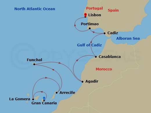 10 Night - Europe & Mediterranean - Crystal Symphony - Starting in Canary Islands (Las Palmas), San Sebastian, La Gomera, Arrecife, Canary Islands, Funchal, Madeira, Agadir, Casablanca, Morocco, Cadiz, Portimao, Lisbon itinerary map