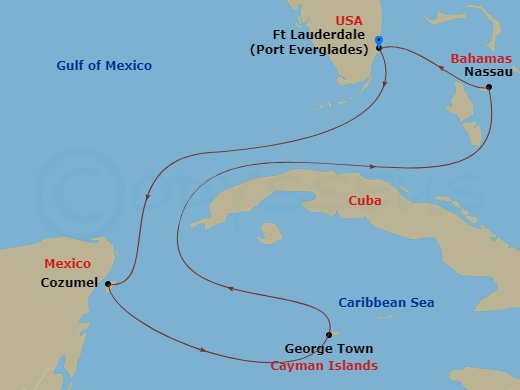 7 Night - Cayman, Mexico & Bahamas Holiday - Celebrity Beyond - Starting in Fort Lauderdale, Florida, Cozumel, Mexico, George Town, Grand Cayman, Nassau, Bahamas, Fort Lauderdale, Florida itinerary map