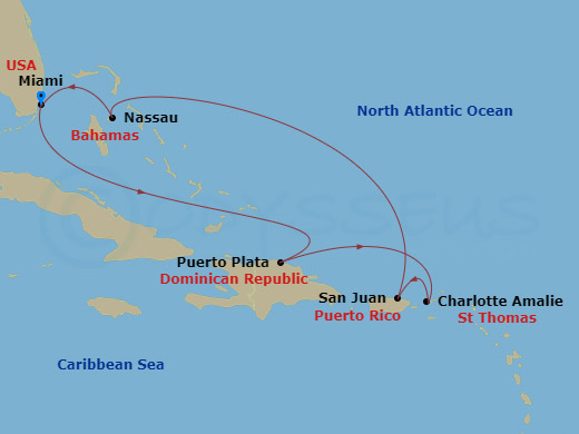 7 Night - St. Thomas, San Juan & Bahamas - Celebrity Beyond - Starting in Fort Lauderdale, Florida, Puerto Plata, Dominican Republic, Charlotte Amalie, St Thomas, San Juan, Puerto Rico, Nassau, Bahamas, Fort Lauderdale, Florida itinerary map