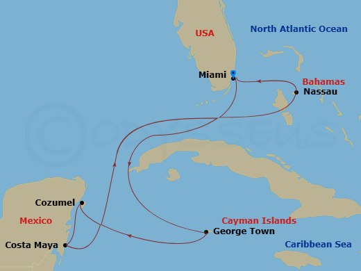 7 Night - Grand Cayman, Mexico & Bahamas - Celebrity Beyond - Starting in Miami, Florida, George Town, Grand Cayman, Cozumel, Mexico, Puerto Costa Maya, Mexico, Nassau, Bahamas, Miami, Florida itinerary map