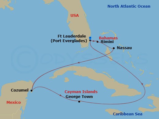 7 Night - Grand Cayman, Mexico & Bahamas - Celebrity Beyond - Starting in Fort Lauderdale, Florida, Bimini, Bahamas, Nassau, Bahamas, Cozumel, Mexico, George Town, Grand Cayman, Fort Lauderdale, Florida itinerary map
