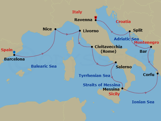 9 Night - Europe - Western Mediterranean - Barcelona - Norwegian Viva - Starting in Barcelona, Spain, Nice / Monaco (Villefranche), France, Livorno / Florence / Pisa, Italy, Civitavecchia Rome, Italy, Amalfi Coast (Salerno), Italy, Messina, Italy, Corfu, Greece, Montenegro, Split, Croatia, Venice (Ravenna), Italy itinerary map