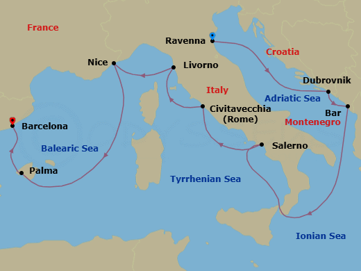 9 Night - Europe - Classic Mediterranean - Norwegian Viva - Starting in Venice (Ravenna), Italy, Dubrovnik, Croatia, Montenegro, Amalfi Coast (Salerno), Italy, Civitavecchia Rome, Italy, Livorno / Florence / Pisa, Italy, Nice / Monaco (Villefranche), France, Palma Majorca, Spain, Barcelona, Spain itinerary map