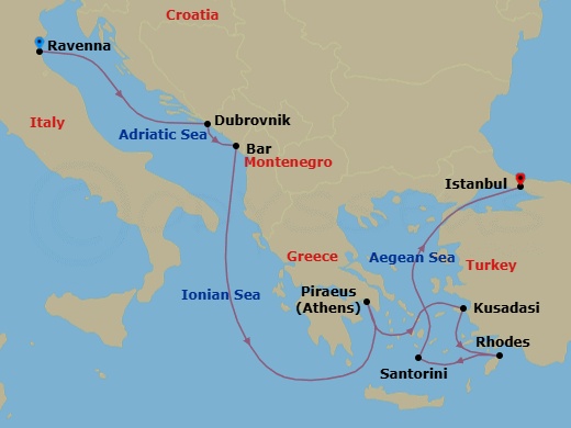 10 Night - Greek Isles & Italy - Norwegian Viva - Starting in Venice (Ravenna), Italy, Dubrovnik, Croatia, Montenegro, Piraeus / Athens, Greece, Kusadasi, Turkey, Rhodes, Greece, Santorini Island, Greece, Istanbul, Turkey itinerary map