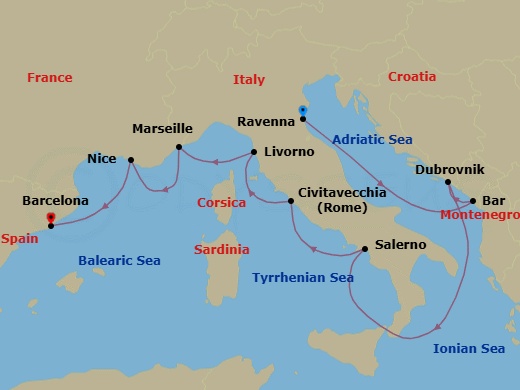 9 Night - Europe - Classic Mediterranean - Norwegian Viva - Starting in Venice (Ravenna), Italy, Montenegro, Dubrovnik, Croatia, Amalfi Coast (Salerno), Italy, Civitavecchia Rome, Italy, Livorno / Florence / Pisa, Italy, Nice / Monaco (Villefranche), France, Provence, Marseille, France, Barcelona, Spain itinerary map