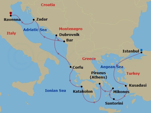 10 Night - Greek Isles & Italy - Norwegian Viva - Starting in Istanbul, Turkey, Kusadasi, Turkey, Santorini Island, Greece, Mykonos, Greece, Piraeus / Athens, Greece, Olympia / Katakolon, Greece, Corfu, Greece, Dubrovnik, Croatia, Montenegro, Zadar, Croatia, Venice (Ravenna), Italy itinerary map