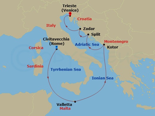 7 Night - Malta, Croatia and Montenegro - Queen Elizabeth - Starting in Civitavecchia (tours to Rome), Italy, Valletta, Malta, Kotor, Montenegro, Split, Croatia, Zadar, Croatia, Trieste, Italy itinerary map