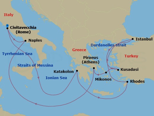 14 Night - Italy, Greece and Turkiye - Queen Elizabeth - Starting in Civitavecchia (tours to Rome), Italy, Messina Strait, Italy (Transit), Katakolon (tours to Olympia), Greece, Rhodes, Greece, Dardanelles Strait, Turkey (Transit), Istanbul, Turkey, Dardanelles Strait, Turkey (Transit), Kusadasi (tours to Ephesus), Turkey, Mykonos, Greece, Piraeus (tours to Athens), Greece, Naples (tours to Capri or Pompeii), Italy, Civitavecchia (tours to Rome), Italy itinerary map