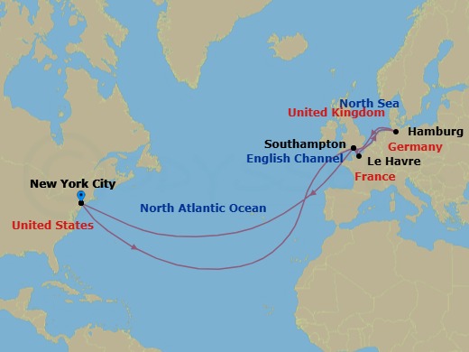 19 Night - Roundtrip Transatlantic Crossing - Queen Mary 2 - Starting in New York, NY, Southampton, England, UK, Le Havre, France, Hamburg, Germany, Southampton, England, UK, New York, NY itinerary map
