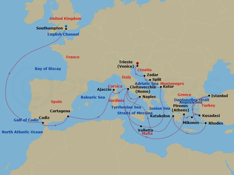 29 Night - Mediterranean, Greek Islands and Adriatic - Queen Elizabeth - Starting in Southampton, England, UK, Cadiz (tours to Seville), Spain, Cartagena ES, Ajaccio, Corsica, France, Civitavecchia (tours to Rome), Italy, Messina Strait, Italy (Transit), Katakolon (tours to Olympia), Greece, Rhodes, Greece, Dardanelles Strait, Turkey (Transit), Istanbul, Turkey, Dardanelles Strait, Turkey (Transit), Kusadasi (tours to Ephesus), Turkey, Mykonos, Greece, Piraeus (tours to Athens), Greece, Naples (tours to Capri or Pompeii), Italy, Civitavecchia (tours to Rome), Italy, Valletta, Malta, Kotor, Montenegro, Split, Croatia, Zadar, Croatia, Trieste, Italy itinerary map