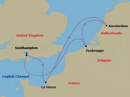 7 Night - Zeebrugge, Amsterdam and Le Havre - Queen Victoria - Starting in Southampton, England, UK, Zeebrugge (tours to Bruges), Belgium, Amsterdam, Netherlands, Le Havre, France, Southampton, England, UK itinerary map