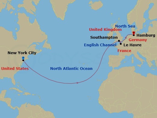 10 Night - Eastbound Transatlantic Crossing - Queen Mary 2 - Starting in New York, NY, Southampton, England, UK, Le Havre, France, Hamburg, Germany itinerary map