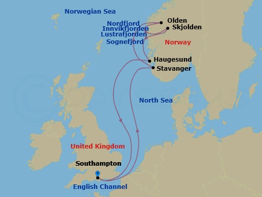 7 Night - Norwegian Fjords - Queen Anne - Starting in Southampton, England, UK, Stavanger, Norway, Olden, Norway, Innvikfjorden, Norway (Scenic Cruising), Nordfjord, Norway (Scenic Cruising), Skjolden, Norway, Lustrafjorden, Norway (Scenic Cruising), Sognefjord, Norway (Scenic Cruising), Haugesund, Norway, Southampton, England, UK itinerary map