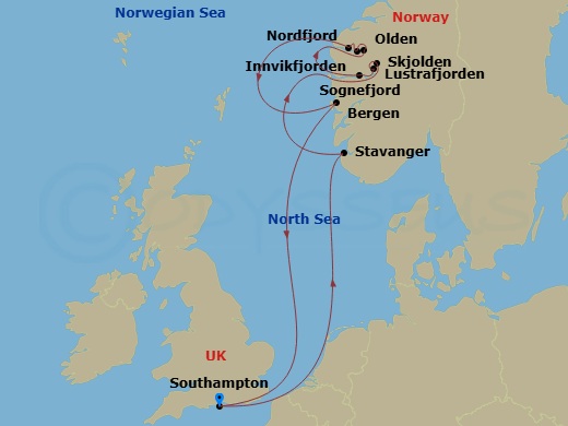 7 Night - Norwegian Fjords - Queen Anne - Starting in Southampton, England, UK, Stavanger, Norway, Skjolden, Norway, Lustrafjorden, Norway (Scenic Cruising), Sognefjord, Norway (Scenic Cruising), Olden, Norway, Innvikfjorden, Norway (Scenic Cruising), Nordfjord, Norway (Scenic Cruising), Bergen, Norway, Southampton, England, UK itinerary map