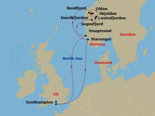 7 Night - Norwegian Fjords - Queen Anne - Starting in Southampton, England, UK, Haugesund, Norway, Olden, Norway, Innvikfjorden, Norway (Scenic Cruising), Nordfjord, Norway (Scenic Cruising), Skjolden, Norway, Lustrafjorden, Norway (Scenic Cruising), Sognefjord, Norway (Scenic Cruising), Stavanger, Norway, Southampton, England, UK itinerary map