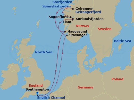 7 Night - Norwegian Fjords - Queen Anne - Starting in Southampton, England, UK, Stavanger, Norway, Skjolden, Norway, Lustrafjorden, Norway (Scenic Cruising), Sognefjord, Norway (Scenic Cruising), Olden, Norway, Innvikfjorden, Norway (Scenic Cruising), Nordfjord, Norway (Scenic Cruising), Haugesund, Norway, Southampton, England, UK itinerary map