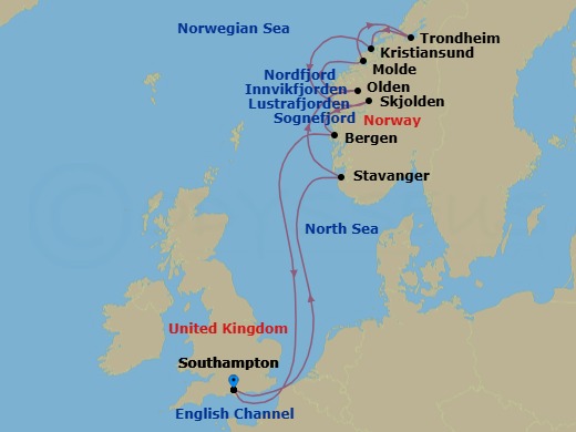 12 Night - Norwegian Fjords - Queen Victoria - Starting in Southampton, England, UK, Stavanger, Norway, Olden, Norway, Innvikfjorden, Norway (Scenic Cruising), Nordfjord, Norway (Scenic Cruising), Molde, Norway, Trondheim, Norway, Kristiansund, Norway, Skjolden, Norway, Lustrafjorden, Norway (Scenic Cruising), Sognefjord, Norway (Scenic Cruising), Bergen, Norway, Southampton, England, UK itinerary map