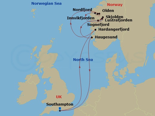 7 Night - Norwegian Fjords - Queen Anne - Starting in Southampton, England, UK, Hardangerfjord, Norway (Scenic Cruising), Olden, Norway, Innvikfjorden, Norway (Scenic Cruising), Nordfjord, Norway (Scenic Cruising), Skjolden, Norway, Lustrafjorden, Norway (Scenic Cruising), Sognefjord, Norway (Scenic Cruising), Haugesund, Norway, Southampton, England, UK itinerary map