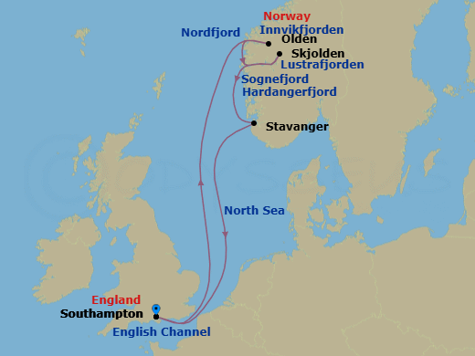 7 Night - Norwegian Fjords - Queen Anne - Starting in Southampton, England, UK, Hardangerfjord, Norway (Scenic Cruising), Olden, Norway, Innvikfjorden, Norway (Scenic Cruising), Nordfjord, Norway (Scenic Cruising), Skjolden, Norway, Lustrafjorden, Norway (Scenic Cruising), Sognefjord, Norway (Scenic Cruising), Stavanger, Norway, Southampton, England, UK itinerary map