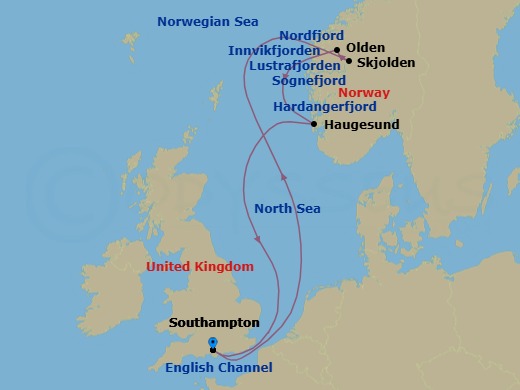 7 Night - Norwegian Fjords - Queen Anne - Starting in Southampton, England, UK, Hardangerfjord, Norway (Scenic Cruising), Skjolden, Norway, Lustrafjorden, Norway (Scenic Cruising), Sognefjord, Norway (Scenic Cruising), Olden, Norway, Innvikfjorden, Norway (Scenic Cruising), Nordfjord, Norway (Scenic Cruising), Haugesund, Norway, Southampton, England, UK itinerary map