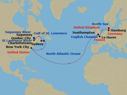 17 Night - Transatlantic Crossing and Canada - Queen Mary 2 - Starting in Quebec, QC, Canada, Saguenay, QC, Canada, Charlottetown, PE, Canada, Sydney NS, Canada, New York, NY, Southampton, England, UK, Le Havre, France, Hamburg, Germany itinerary map