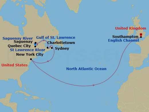 14 Night - Transatlantic Crossing and Canada - Queen Mary 2 - Starting in Quebec, QC, Canada, Saguenay, QC, Canada, Charlottetown, PE, Canada, Sydney NS, Canada, New York, NY, Southampton, England, UK itinerary map