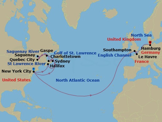 24 Night - Transatlantic Crossing and Canada - Queen Mary 2 - Starting in New York, NY, Halifax, NS, Canada, Gaspe, QC, Canada, Quebec, QC, Canada, Saguenay, QC, Canada, Charlottetown, PE, Canada, Sydney NS, Canada, New York, NY, Southampton, England, UK, Le Havre, France, Hamburg, Germany itinerary map