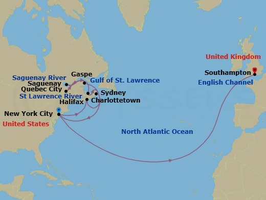 21 Night - Transatlantic Crossing and Canada - Queen Mary 2 - Starting in New York, NY, Halifax, NS, Canada, Gaspe, QC, Canada, Quebec, QC, Canada, Saguenay, QC, Canada, Charlottetown, PE, Canada, Sydney NS, Canada, New York, NY, Southampton, England, UK itinerary map