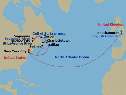 21 Night - Transatlantic Crossing and Canada - Queen Mary 2 - Starting in Southampton, England, UK, New York, NY, Halifax, NS, Canada, Gaspe, QC, Canada, Quebec, QC, Canada, Saguenay, QC, Canada, Charlottetown, PE, Canada, Sydney NS, Canada, New York, NY itinerary map