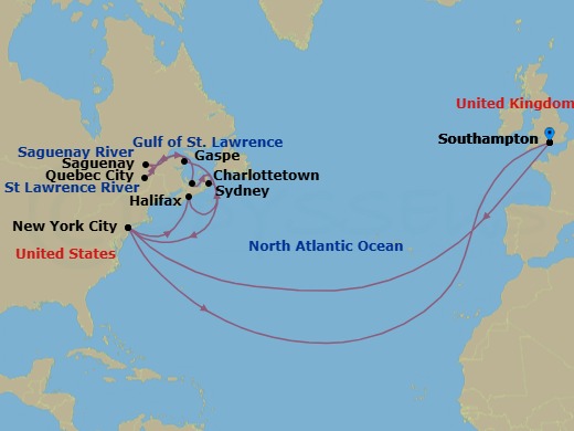 28 Night - Transatlantic Crossing and Canada - Queen Mary 2 - Starting in Southampton, England, UK, New York, NY, Halifax, NS, Canada, Gaspe, QC, Canada, Quebec, QC, Canada, Saguenay, QC, Canada, Charlottetown, PE, Canada, Sydney NS, Canada, New York, NY, Southampton, England, UK itinerary map