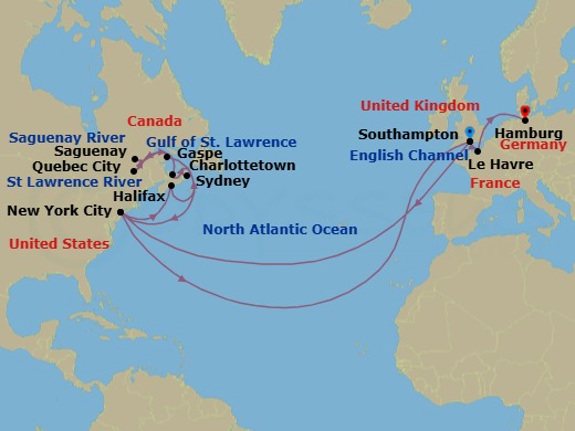 31 Night - Transatlantic Crossing and Canada - Queen Mary 2 - Starting in Southampton, England, UK, New York, NY, Halifax, NS, Canada, Gaspe, QC, Canada, Quebec, QC, Canada, Saguenay, QC, Canada, Charlottetown, PE, Canada, Sydney NS, Canada, New York, NY, Southampton, England, UK, Le Havre, France, Hamburg, Germany itinerary map