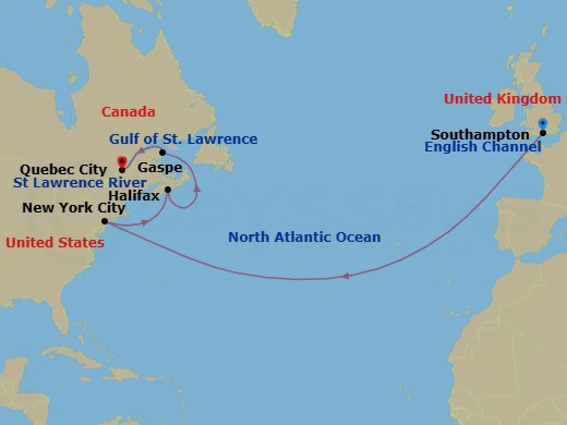 14 Night - Transatlantic Crossing and Canada - Queen Mary 2 - Starting in Southampton, England, UK, New York, NY, Halifax, NS, Canada, Gaspe, QC, Canada, Quebec, QC, Canada itinerary map