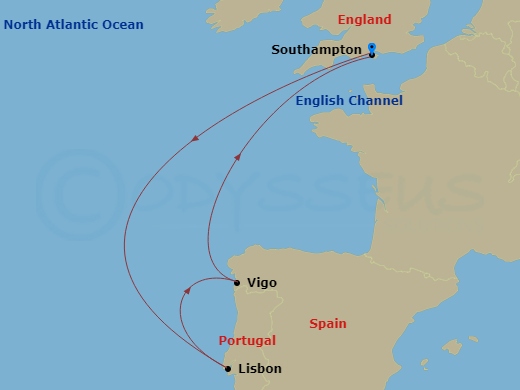 7 Night - Spain and Portugal - Queen Anne - Starting in Southampton, England, UK, Lisbon, Portugal, Vigo (tours to Santiago de Compostela), Spain, Southampton, England, UK itinerary map