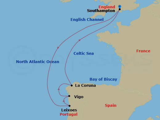 7 Night - Spain and Portugal - Queen Victoria - Starting in Southampton, England, UK, Leixoes (tours to Porto), Portugal, Vigo (tours to Santiago de Compostela), Spain, La Coruna (tours to Santiago de Compostela), Spain, Southampton, England, UK itinerary map