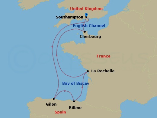 7 Night - Spain and France - Queen Anne - Starting in Southampton, England, UK, Gijon, Spain, Getxo (Tours to Bilbao), Spain, La Rochelle, France, Cherbourg, France, Southampton, England, UK itinerary map