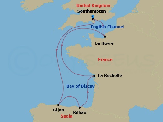 7 Night - Spain and France - Queen Anne - Starting in Southampton, England, UK, Gijon, Spain, Getxo (Tours to Bilbao), Spain, La Rochelle, France, Le Havre, France, Southampton, England, UK itinerary map