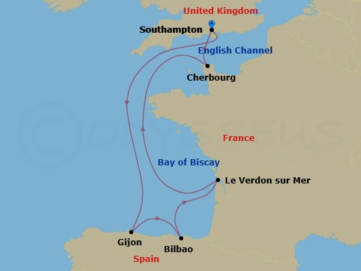 7 Night - Spain and France - Queen Anne - Starting in Southampton, England, UK, Gijon, Spain, Getxo (Tours to Bilbao), Spain, Le Verdon (tours to Bordeaux), France, Cherbourg, France, Southampton, England, UK itinerary map