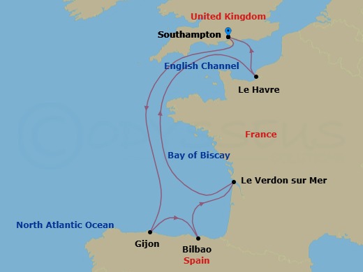 7 Night - Spain and France - Queen Anne - Starting in Southampton, England, UK, Gijon, Spain, Getxo (Tours to Bilbao), Spain, Le Verdon (tours to Bordeaux), France, Le Havre, France, Southampton, England, UK itinerary map